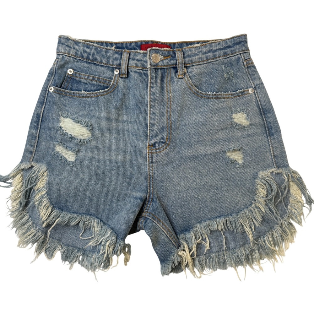 Signature 8 Denim Shorts Womens Small Blue Distressed Frayed Hem High Rise New